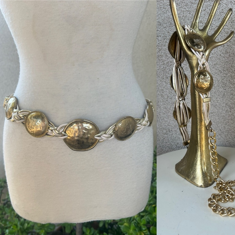 Vintage boho 80s belt brass discs with metallic & white leather fits 24-41”.